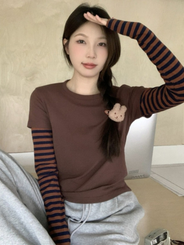 Korean style versatile striped splicing fake two-piece round neck bottoming shirt long-sleeved T-shirt women's autumn and winter new design top