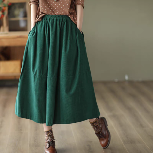 Early autumn retro mid-length skirt for women, stitched slim A-line skirt, elastic waist corduroy skirt