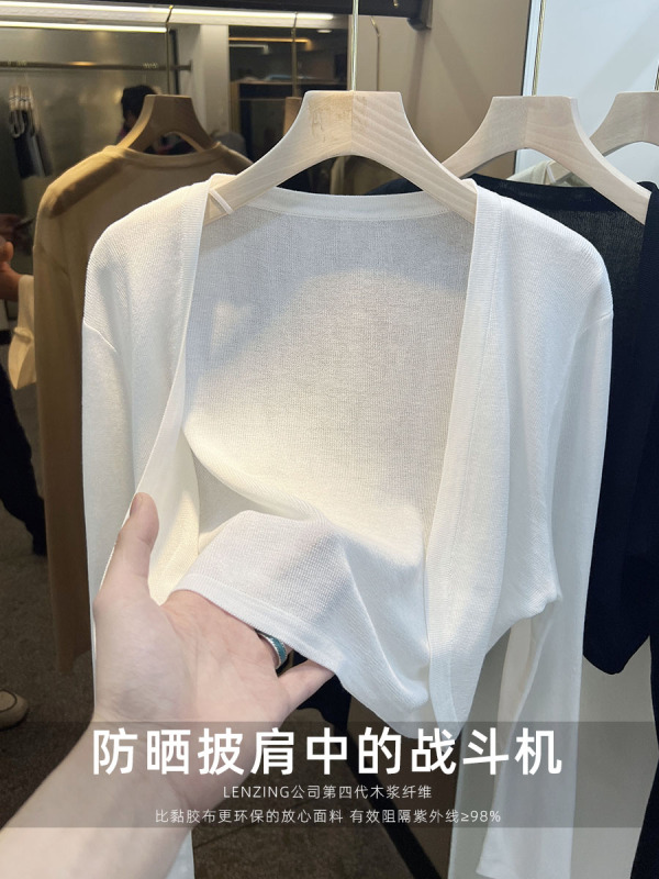 Tencel knitted sun protection cardigan women's thin ice silk shawl vest black outer blouse top