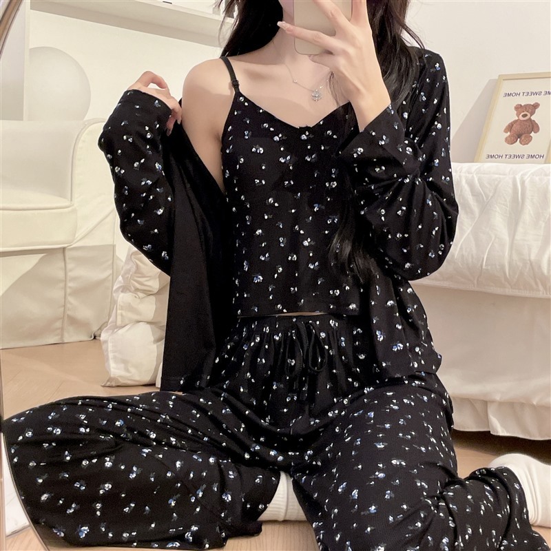 ~Autumn new style modal floral suspender cardigan trousers Korean style ins pajamas three-piece set