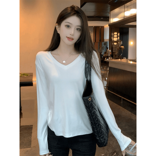 Official picture 260g Modal threaded V-neck long-sleeved T-shirt women's spring, autumn and winter bottoming shirt with loose inner fit