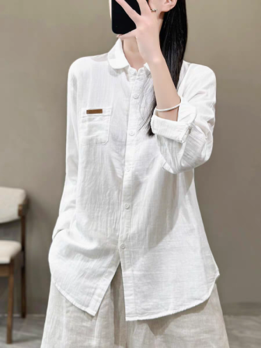 Autumn commuting versatile solid color lapel cotton gauze shirt literary Hong Kong style slim long-sleeved top cotton