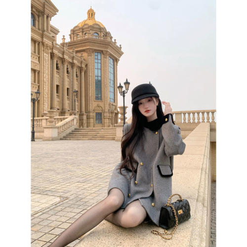 High-end fashionable small fragrance style stand-up collar double-breasted knight high-end woolen coat contrasting color splicing slimming temperament coat