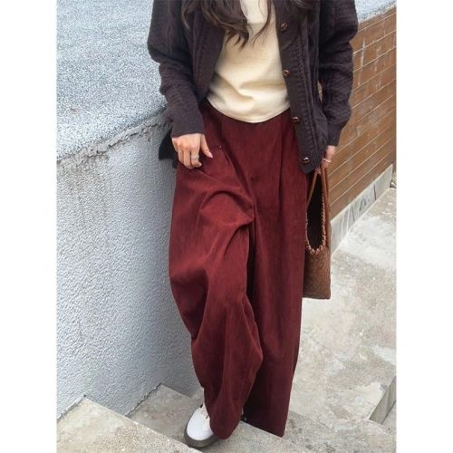 Angola Red Pants for Spring and Autumn, Corduroy Wide Leg Pants for Petite and Casual, Loose and Large Size Pants for Plus Size Women