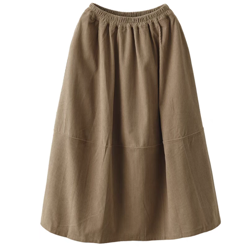 Early autumn retro mid-length skirt for women, stitched slim A-line skirt, elastic waist corduroy skirt