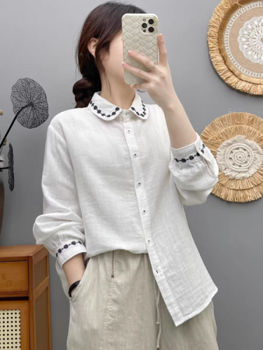 2024 Spring and Autumn White Double Layer Cotton Long Sleeve Shirt Women's Loose Literary and Versatile Embroidered Top Pure Cotton Shirt