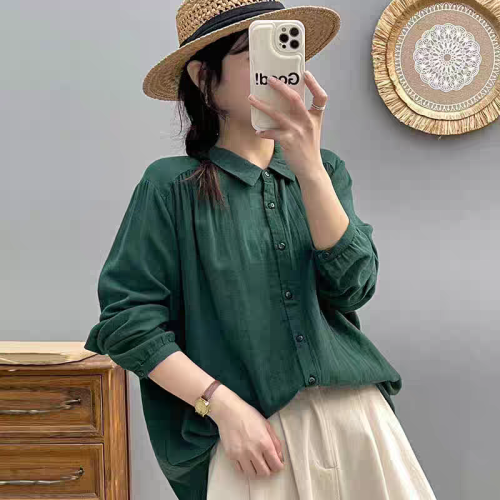 Autumn double-layer cotton gauze shirt, fashionable and age-reducing, versatile long-sleeved shirt, casual solid color cardigan for women