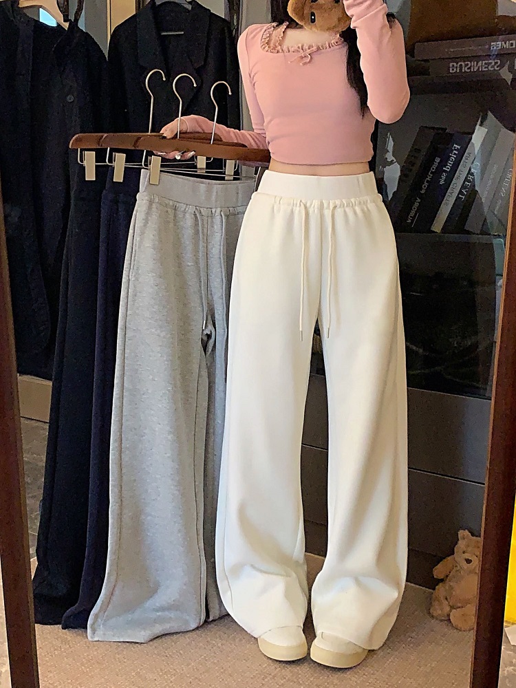 Photographed Relaxed Style Drawstring High-Waisted Splicing Casual Sweatpants Autumn/Winter Solid Color Fleece Wide Leg Pants Loose Floor-Length Pants