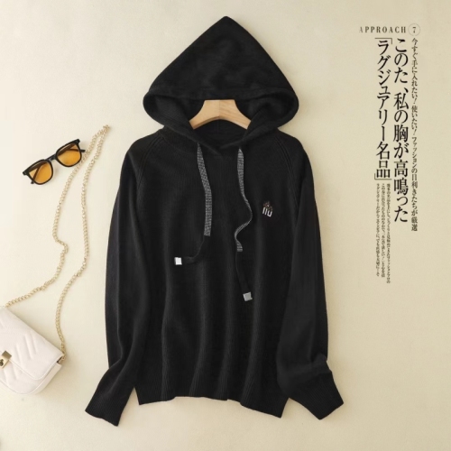 2024 autumn and winter new style jacquard hooded drawstring diamond-encrusted loose long-sleeved good-looking foreign style sweater sweater top for women