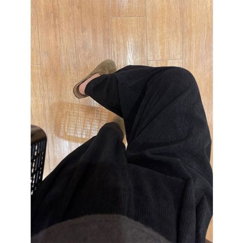 Black Corduroy Wide-Leg Pants Concealing Thighs and Slimming Legs for Plus-Size, Petite, and Grandmother-Inspired Women, Suitable for Spring and Autumn
