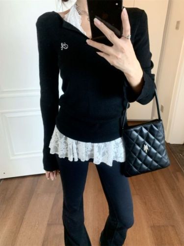 260g rayon + lace white lace halterneck vest design layered off-shoulder black top two-piece set