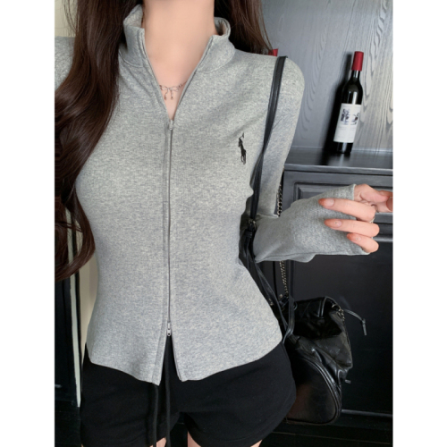 Real shot of rayon 2*2 double zipper stand collar long sleeve T-shirt women's slimming embroidered cardigan