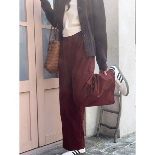 Angola Red Pants for Spring and Autumn, Corduroy Wide Leg Pants for Petite and Casual, Loose and Large Size Pants for Plus Size Women