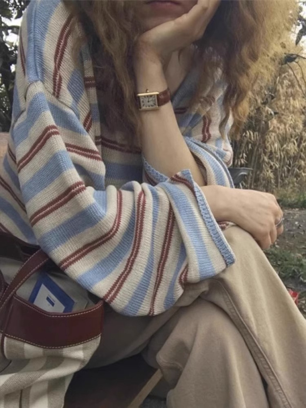 Deer wool lazy striped sweater for women early autumn design niche loose Hong Kong style long-sleeved top