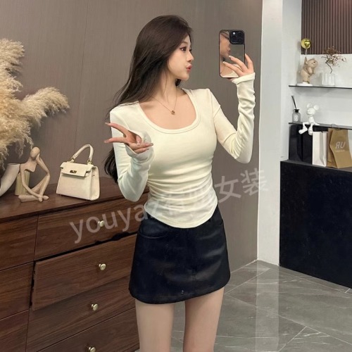 Official picture 1*1 threaded velvet chic U-neck side pleated brushed long-sleeved T-shirt women's base layer