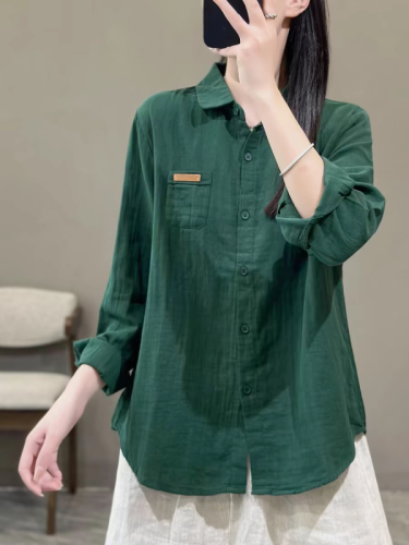 Autumn commuting versatile solid color lapel cotton gauze shirt literary Hong Kong style slim long-sleeved top cotton