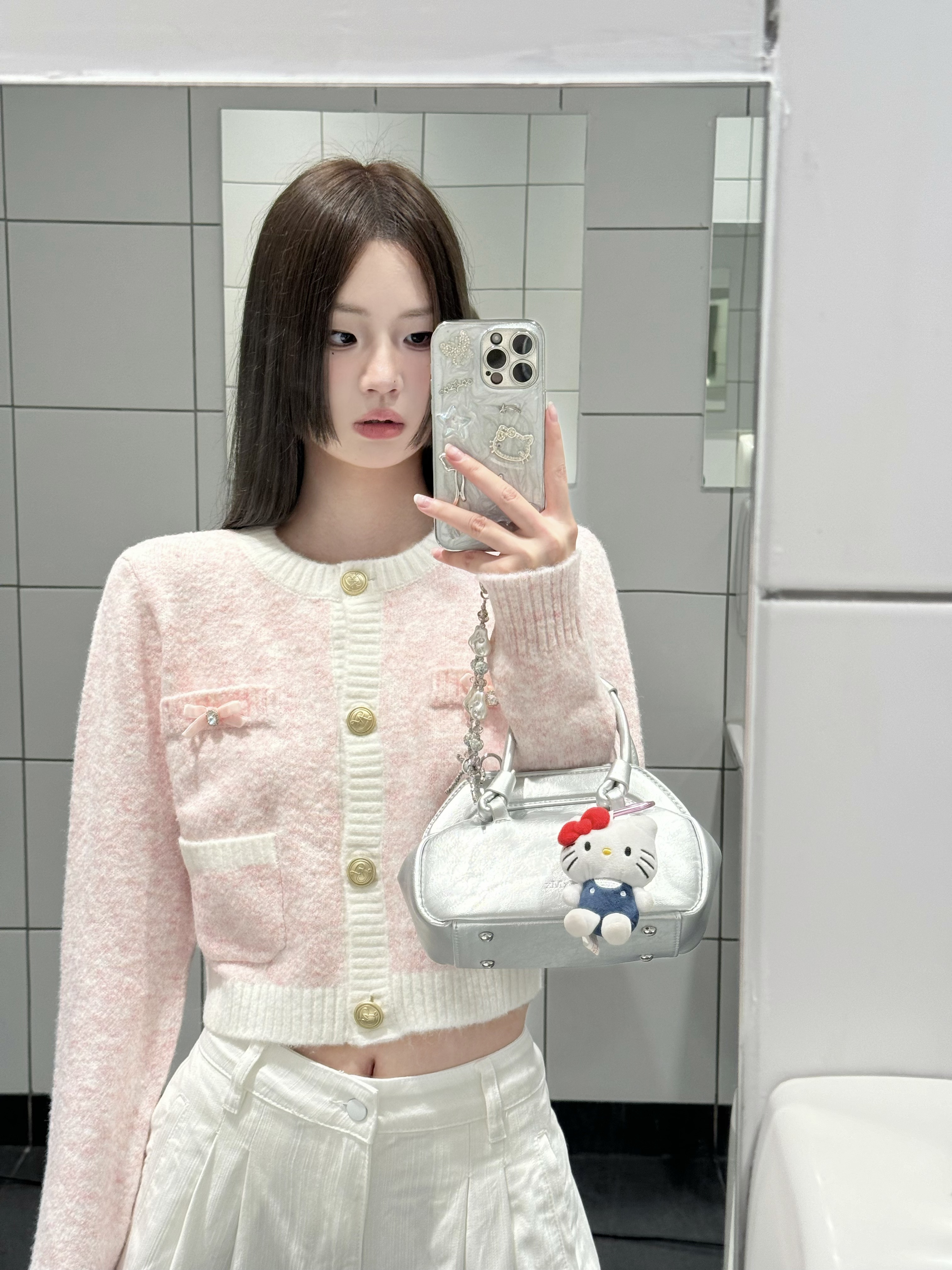 實拍~小香風蝴蝶結清新甜美長袖百搭針織開衫毛衣外套上衣