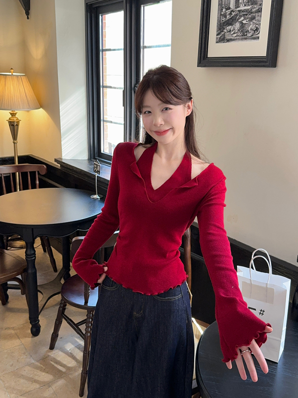 Romantic girly waist soft material ~ halterneck fake two-piece design knitted sweater for women