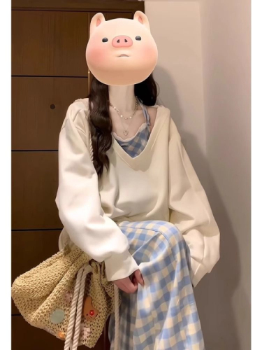 Non-shooted sweet V-neck apricot color hooded sweatshirt new loose petite size two-piece top coat trendy