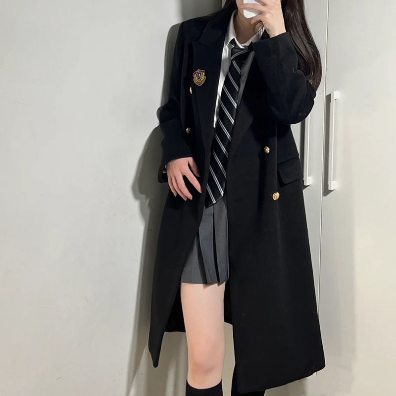 Qingmei College Style Black Double-breasted Woolen Coat Jacket Women's Mid-Length Small JK Uniform Autumn and Winter
