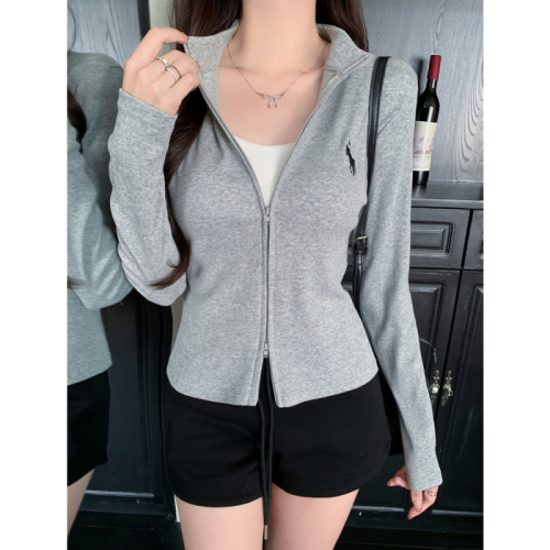 Real shot of rayon 2*2 double zipper stand collar long sleeve T-shirt women's slimming embroidered cardigan