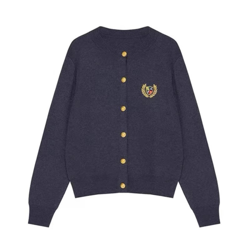 British style cashmere cardigan women's round neck spring college embroidered metal buckle loose wool sweater sweater outer