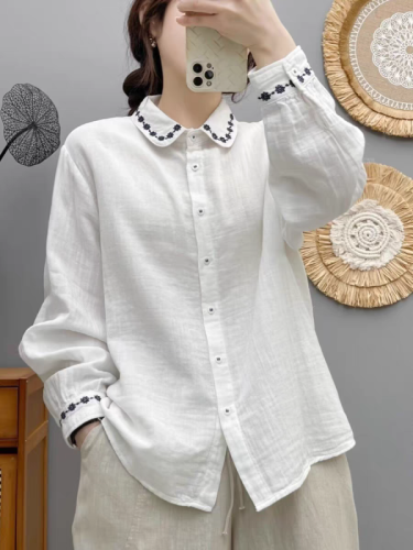 2024 Spring and Autumn White Double Layer Cotton Long Sleeve Shirt Women's Loose Literary and Versatile Embroidered Top Pure Cotton Shirt