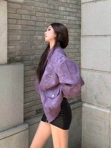 Retro high-end purple leather jacket for women 2024 autumn loose street motorcycle jacket top