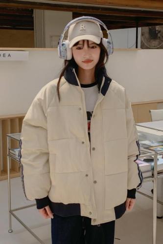 Hand-stuffed cotton thickened winter new spliced ​​three-stripe loose cotton coat women's bread jacket