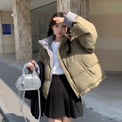 Contrast color stand-up collar short down jacket for women 2024 winter new Korean style small warm and thickened bread jacket