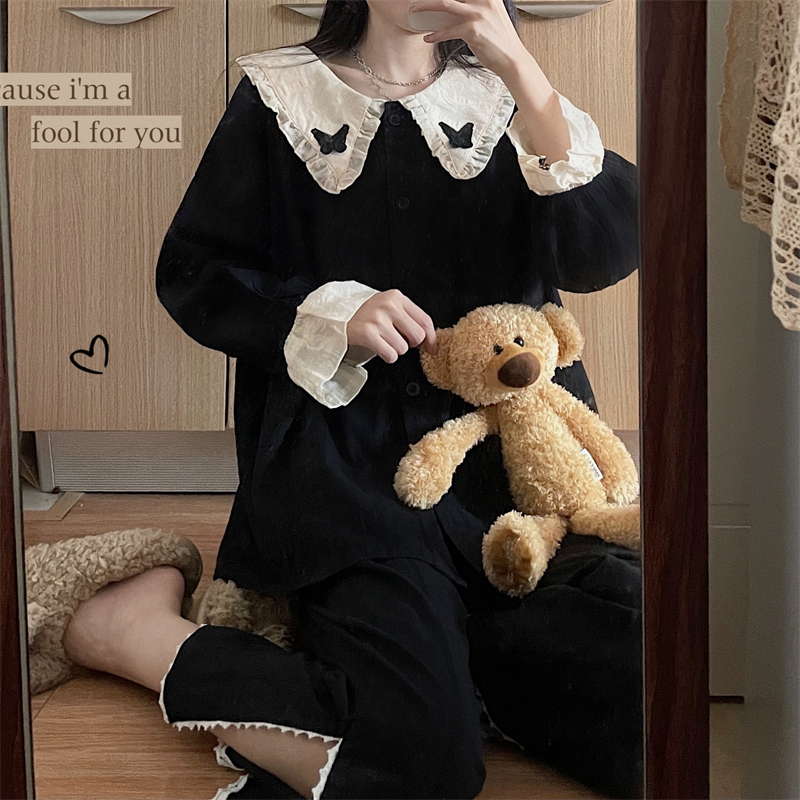 Spring and summer sweet baby doll collar embroidered pure cotton two-piece home wear set that can be worn outside