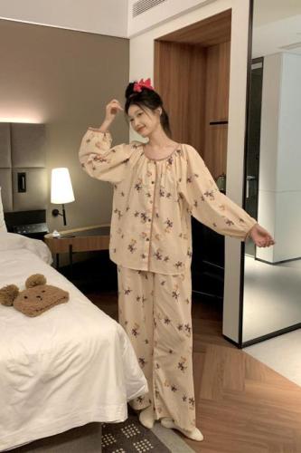 Autumn retro new Chinese style Chinese style pure cotton loose long-sleeved trousers home wear suit for women