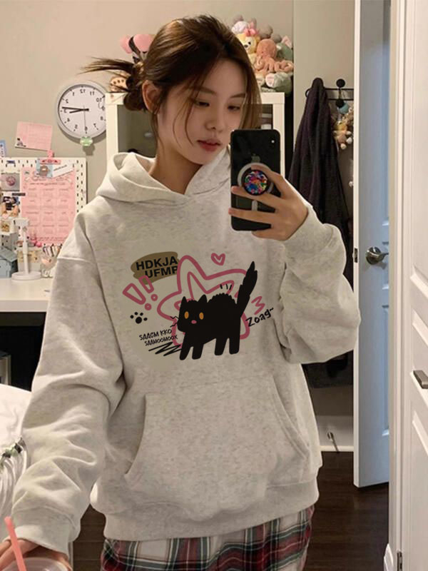 Pure Cotton Heavyweight Thin / Fleece-lined Silver Fox Fleece Loose Korean-style Printed Sweatshirt for Women - Autumn/Winter New Trendy
