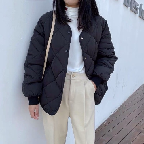 Net picture of rhombus cotton coat for women in winter 2024 new bread coat down cotton collarless cotton jacket short cotton coat jacket