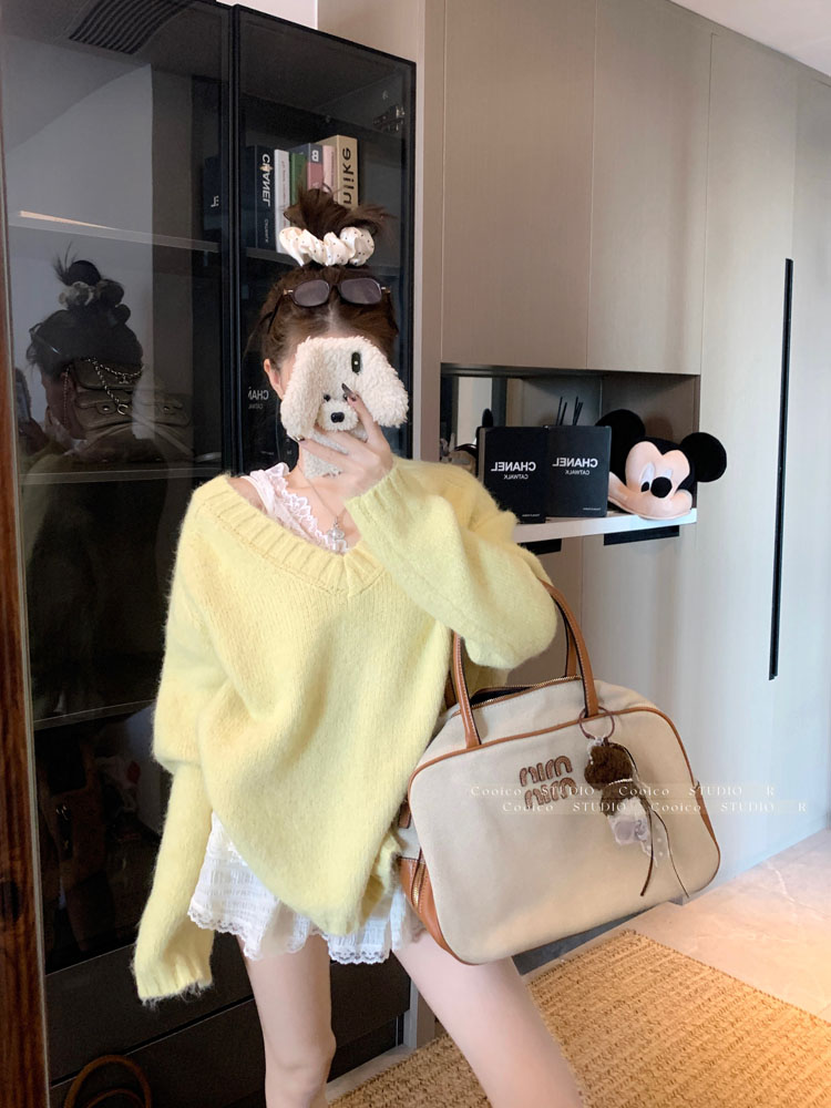 Photographed New Casual Candy Color Simple Loose V-Neck Long-Sleeve Hooded Sweater