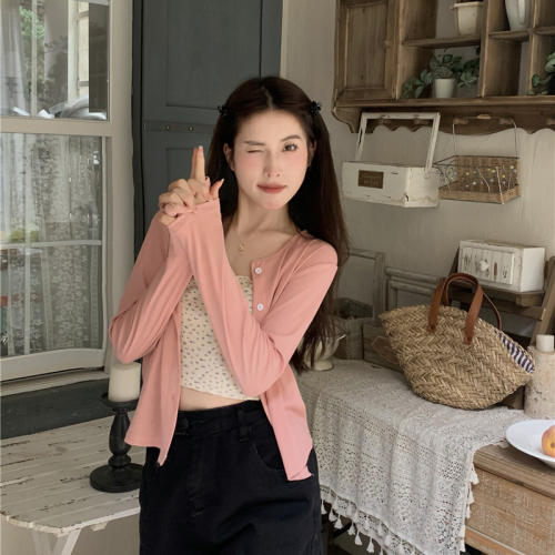 Niche long-sleeved sun protection black cardigan jacket for women versatile loose casual slim short top