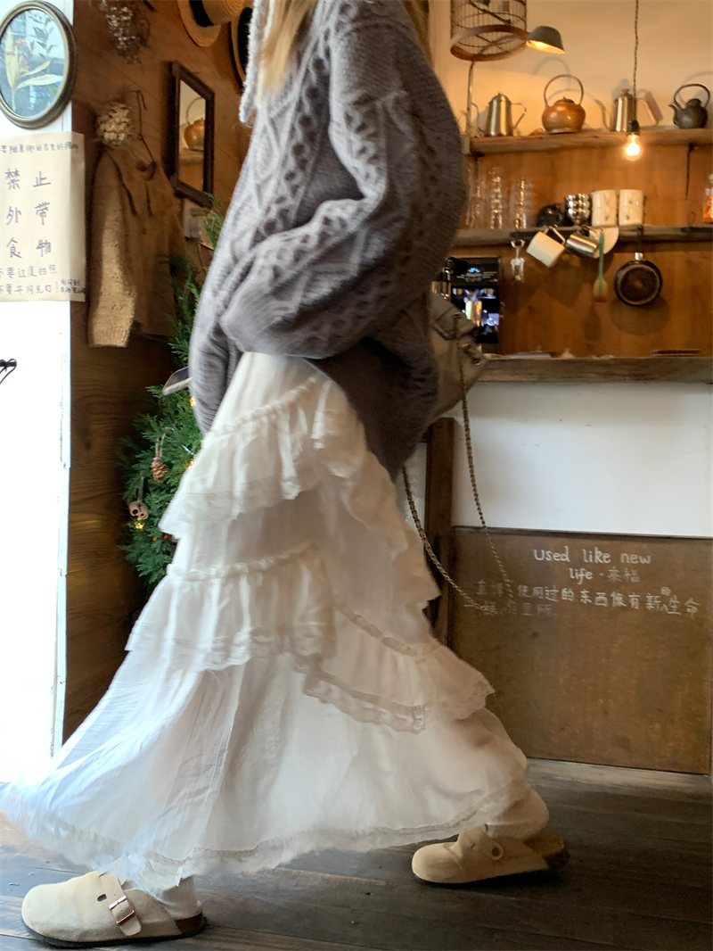 Live-shoot~Sweet-style white lace edge splicing long dress cake dress half skirt