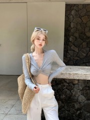 V-neck sexy hottie top women's design spring and summer long-sleeved bottoming shirt short navel-baring T-shirt