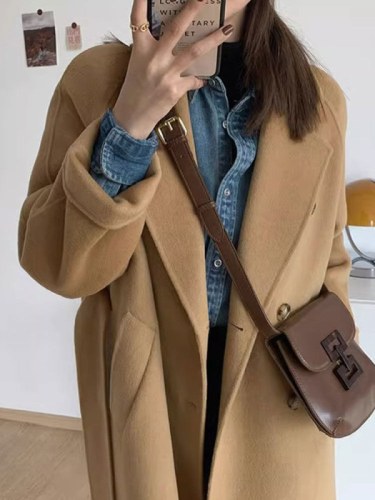 Belted woolen coat for women, off-season high-end fashion new double-breasted design autumn and winter woolen coat mid-length