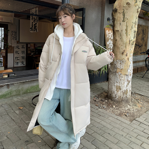 College style fake two-piece hooded mid-length down jacket for women thickened winter new bread coat cotton jacket trendy