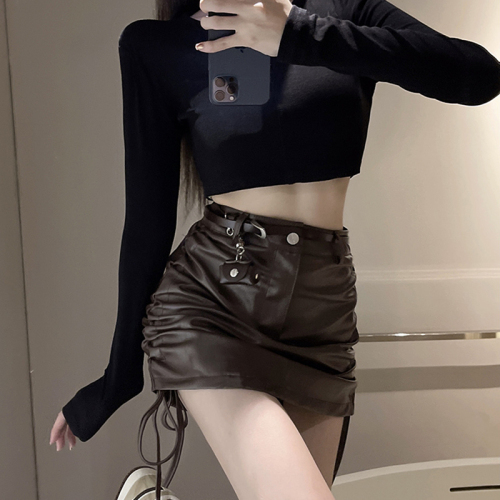 Spot price Hong Kong style sexy slim drawstring hip skirt high waist leather skirt versatile slim skirt women's skirt