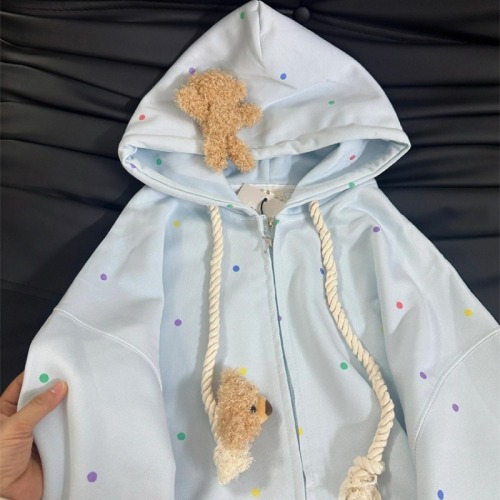 Cute and colorful polka dot small bear tracksuit for women, suitable for spring and autumn, stylish and comfortable, hooded outerwear for petite figures.