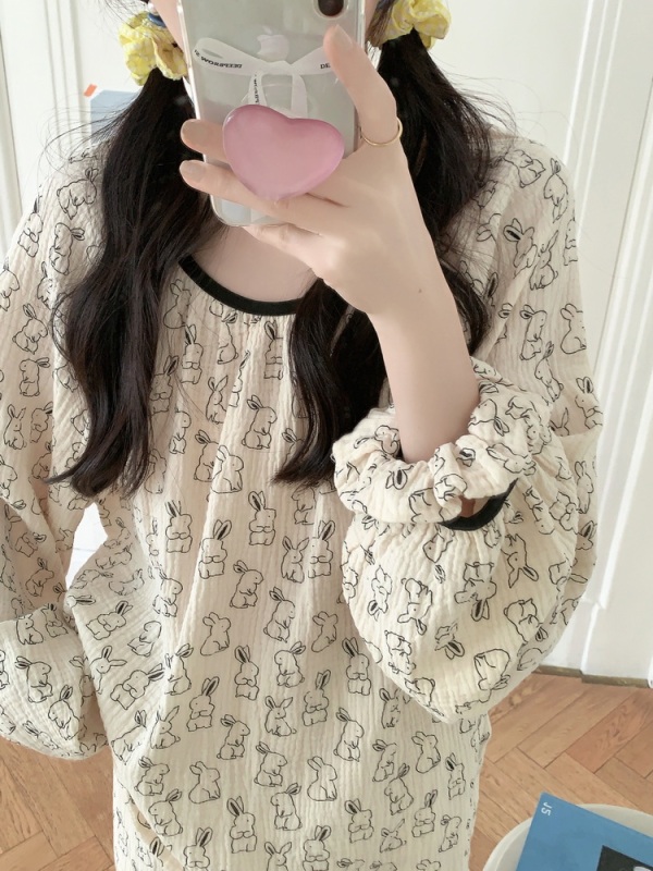 Pajamas for women pure cotton gauze long-sleeved black-eared rabbit simple round neck pullover home wear suit with headband