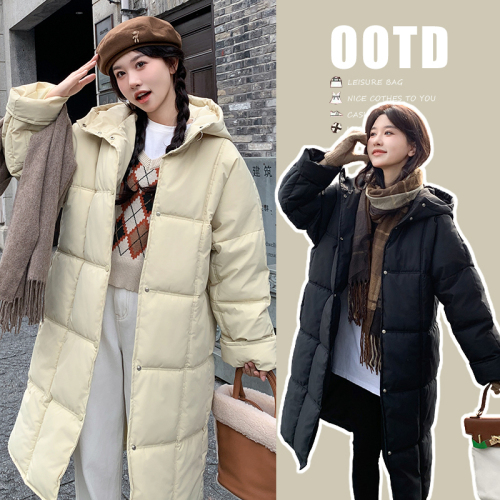 Korean style winter milk puff mid-length over-the-knee bread coat for women, lazy style, loose stand-up collar design, hooded