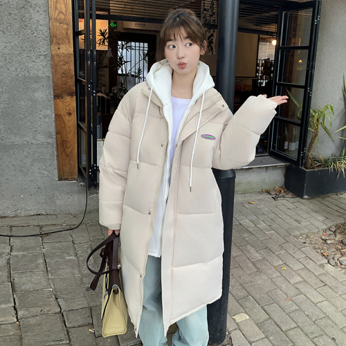 College style fake two-piece hooded mid-length down jacket for women thickened winter new bread coat cotton jacket trendy