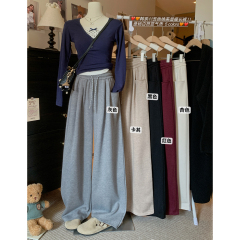 Real shot! 2024 autumn and winter lazy style thickened front pocket design drawstring drape wide leg pants casual pants for women