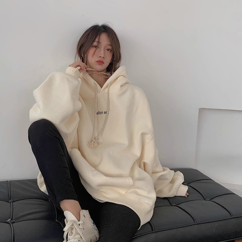 Pure cotton apricot color hooded sweatshirt for women in autumn and winter plus velvet and thickened trendy American style loose and lazy style