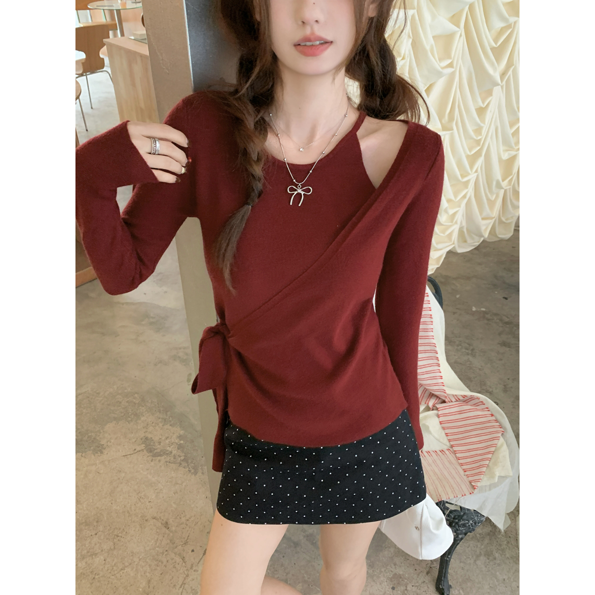Real shooting autumn and winter Korean version of the temperament fake two pieces bow tie slimming Andy velvet knitwear bottom shirt long-sleeved top 