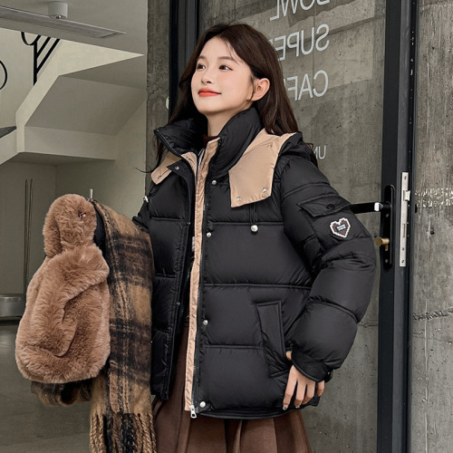 2024 Korean style hooded contrasting color short women's down jacket, popular winter jacket for small people, thickened cotton jacket