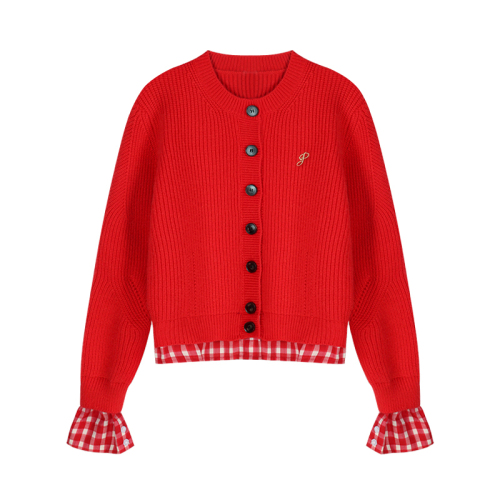 Sheep cashmere fake two-piece red plaid knitted cardigan for women in autumn and winter with design splicing short sweater jacket